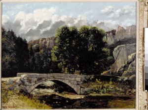 Udsigt over broen af Saint Sulpice i Fleurier, Schweiz (olie på lærred af Gustave Courbet
