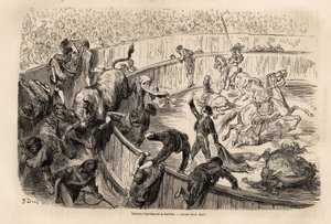 En tyr, der krydser barrieren, under en tyrefægtning i Valencia, tegning af Gustave Dore (1832-1883), for at illustrere hans rejse til Spanien, med C. Davillier, i 1862. Indgravering i "" Le tour du monde "", redigeret af Edouard Charton af Gustave Dore