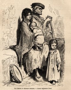 En familie af nomadedansere hviler i Sevillas gader. Skitse taget live af Gustave Dore (1832-1883). Gravering til illustration af rejsen i Spanien, i 1862 af Charles Davillier og Gustave Dore, i "Le tour du monde, nouveau journal des voyag af Gustave Dore