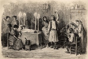 En begravelsesdans under lighuset i Jijonas (provinsen Alicante). Skitse taget live af Gustave Dore (1832-1883). Gravering til illustration af rejsen i Spanien, i 1862 af Charles Davillier og Gustave Dore, i "Le tour du monde, nouveau jour af Gustave Dore