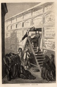 En begravelse i Barcelona, tegning af Gustave Dore (1832-1883), for at illustrere hans rejse til Spanien, med C. Davillier, i 1862. Indgravering i "" Le tour du monde ", redigeret af Edouard Charton af Gustave Dore