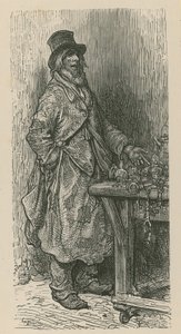 En mand står og sælger sine varer fra en markedsbod af Gustave Dore
