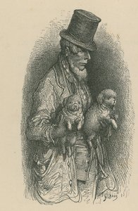En mand iført høj hat, mens han holder to hunde i hænderne af Gustave Dore