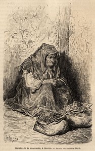 En jordnøddehandler, skitser på live i puerta del sol i Madrid. Stik af Gustave Dore (1832-1883) til illustration af hans rejse til Spanien, med Ch. Davillier (redaktør), i 1862, udgivet i "" Le tour du monde""" 1869, redigeret af Edouard Charton, Hachet af Gustave Dore