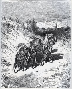 En pløjer bringer Don Quixote og Rossinante tilbage til landsbyen - fra "Don Quixote de la Mancha"" af Miguel Cervantes af Gustave Dore