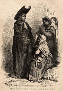 En præst og en kvinde af folket, klædt i klude; de professionelle spanske tiggere slog sig ned på kirkernes domstole for at udnytte den kristne næstekærlighed dygtigt. Skitse taget live af Gustave Dore (1832-1883). Gravering til illustration af rejsen af Gustave Dore