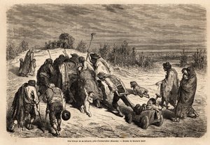 En trup af tiggere og svagelige, en veritabel domstol for mirakler, er på vej til en flid for at bede om almon i nærheden af Almuradiel (Mancha-provinsen). Tegning af Gustave Dore (1832-1883). Gravering til illustration af rejsen i Spanien, i 1862 af Charl af Gustave Dore