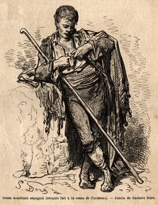 En ung tigger, a la vente de Cardenas, en kro på vejen til Almaden (provinsen Kanalen). Skitse taget live af Gustave Dore (1832-1883). Gravering til illustration af rejsen i Spanien, i 1862 af Charles Davillier og Gustave Dore, i "Le tour d af Gustave Dore