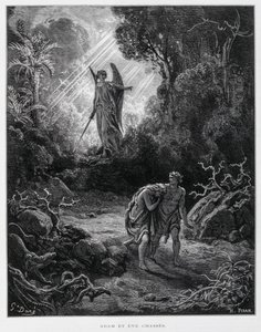 Adam og Eva forvist fra Edens Have af en engel, Illustration fra Dore-bibelen af Gustave Dore