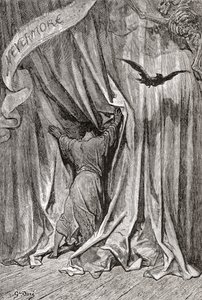Efter en tegning af Gustave Dore til Edgar Allan Poes digt The Raven. Fra Life and Reminiscences of Gustave Dore, udgivet i 1885. af Gustave Dore