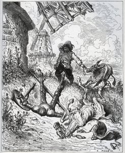 Efter overfaldet giver vindmøllerne - "" Misericorde! "" Sancho - fra "" Don Quixote de la Mancha"" af Miguel Cervantes (1547-1616) (Don Quixote) - Træsnit efter tegning af Gustave Dore af Gustave Dore