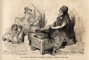 En udendørs kastanjehandler, med sin bærbare ovn, skitserer det levende i puerta del sol i Madrid. Stik af Gustave Dore (1832-1883) til illustration af hans rejse til Spanien, med Ch. Davillier (redaktør), i 1862, udgivet i "" Le tour du monde""" 18 af Gustave Dore