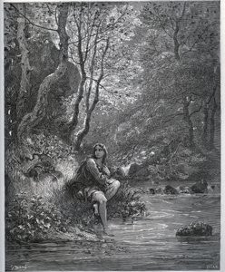 Dorothees optræden i bondetøj - fra "" Don Quixote de la Mancha"" af Miguel Cervantes (1547-1616) (Don Quixote) - Træsnit efter tegning af Gustave Dore af Gustave Dore