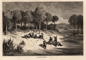 Battle of Oranges af Carcagente, tegning af Gustave Dore (1832-1883), for at illustrere hans rejse til Spanien med C.Davillier, i 1862. Indgravering i "" Le tour du monde"", redigeret af Edouard Charton af Gustave Dore
