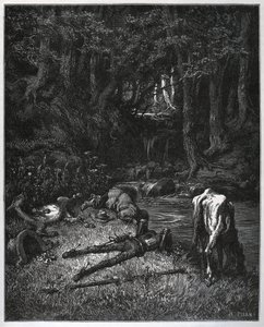 Bivuak i skoven - Oplevet af stedets skønhed besluttede de at tilbringe timerne med lur der - fra "" Don Quixote de la Mancha"" af Miguel Cervantes (1547-1616) (Don Quixote) - Træsnit efter tegning af Gustave Dore af Gustave Dore