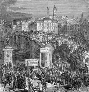 Travl scene på London Bridge, 1872. af Gustave Dore