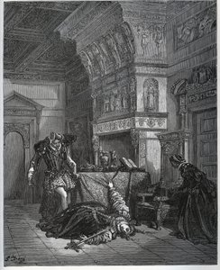 Camille finter selvmord foran Lothaire og Leonella - fra "Don Quixote de la Mancha" af Miguel Cervantes (1547-1616) (Don Quixote) - Træsnit efter tegning af Gustave Dore af Gustave Dore