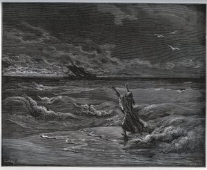 Fangehistorie. Aagi-Morato, Zoraides far, barker på kysten fra "Don Quixote de la Mancha"" af Miguel Cervantes (1547-1616) (Don Quixote) - Træsnit efter tegning af Gustave Dore af Gustave Dore