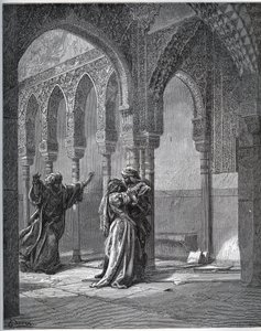 Fangehistorie. Fangens første møde med Zoraide i hendes fars have - fra "Don Quixote de la Mancha"" af Miguel Cervantes (1547-1616) (Don Quixote) - Træsnit efter tegning af Gustave Dore af Gustave Dore