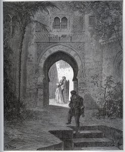 Fangenskabshistorie. Fangens første møde med Zoraide i faderens have, som bringer hende tilbage efter sin utilpashedsfinte fra "Don Quixote de la Mancha" af Miguel Cervantes af Gustave Dore