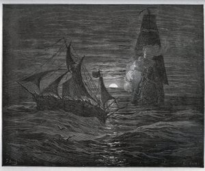 Fangehistorie. Den spanske flugtbåd bliver angrebet af et fransk skib fra "" Don Quixote de la Mancha"" af Miguel Cervantes (1547-1616) (Don Quixote) - Træsnit efter tegning af Gustave Dore af Gustave Dore