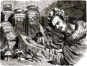 Tegneserie af Honore de Balzac (1799-1850) af Gustave Dore (1832-1883) til Tales Drolatiques (1855): Forfatteren er croqué som en enthomolog, der studerer mennesker som insekter i sit skab fyldt med enthomologi- og dissektionsudkast samt krukker med af Gustave Dore