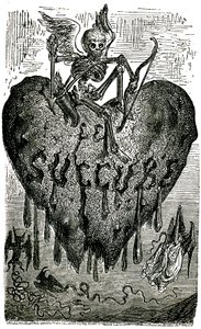 Kapitelhovedillustration af Gustave Dore til Drolatiske fortællinger (1855) af Honore de Balzac (1799-1850): Succubussen (vampyren) - skelet, død, hjerte, blod... af Gustave Dore