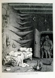 Croque-Mitaine; 1863 illustration, af Gustave Dore (1832 1883); Fransk kunstner, grafiker, illustrator. Croque-Mitaine (The bogeyman) en ondsindet karakter præsenteret for børn for at skræmme dem og dermed gøre dem klogere. af Gustave Dore