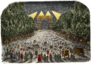 Folk, der beundrer den elektriske belysning af Triumfbuen og Champs Elysees (Champs-Elysees) i Paris den 26. og 27. oktober af Gustave Dore