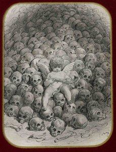 ""Amor bevæbnet med en pistol siddende på et bjerg af kranier"" (Amor med en pistol på toppen af ​​et kraniebjerg) Blæk og tegning af Gustave Dore (1832-1883) Privat samling af Gustave Dore