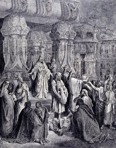 Kyros II den Store (580 f.Kr. - 530 f.Kr.) befriede de fangede folk ved hans ankomst til Babylon i 539 f.Kr. og returnerede til det jødiske folk de hellige kar, der var blevet taget som bytte i Jerusalems tempel. Gravering af Gustave Doré. af Gustave Dore