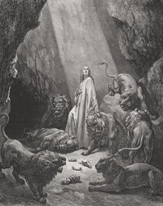 Daniel i Løvehulen, Daniel 6:16-17, illustration fra Dores 