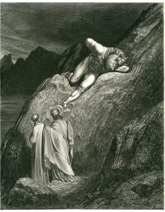 Dante og Vergil møder Minotaurus. Stik fra Helvede af Dante Alighieri (Den guddommelige komedie) illustreret af Gustave Dore. Fransk udgave fra 1861. "E in su la punta della rotta lacca/L