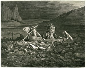 Dante og Vergil sejler, anført af Nocher Phlegyas, på Styx, hvor der vader dæmoner, som forsøger at klatre op i båden. Stik fra Helvede af Dante Alighieri (Den Guddommelige Komedie) illustreret af Gustave Dore. Fransk udgave fra 1861. "Segando se ne af Gustave Dore