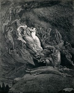 Dante og Virgil med Paolo og Francesca, Illustration to Inferno, Canto V of Divine Comedy, af Dante Alighieri (1265-1321), af Gustave Dore (1832-1883) af Gustave Dore