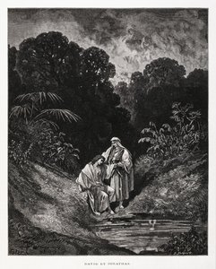 David og Jonatan, heltefigurer fra Israels rige, som indgik en venskabspagt nedskrevet i Samuelsbøgerne, Illustration fra Dore Bible af Gustave Dore
