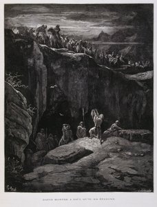 David tilbyder sit sværd i loyalitet over for Saul, Israels konge, Illustration fra Dore-bibelen af Gustave Dore