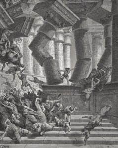 Samsons død, Dommerne 26:28-30, illustration fra Dore