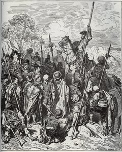 Don Quijote og Sancho med eskadronen af de brølende landsbyboere - fra "Don Quixote de la Mancha"" af Miguel Cervantes (1547-1616) (Don Quixote) - Træsnit efter tegning af Gustave Dore af Gustave Dore