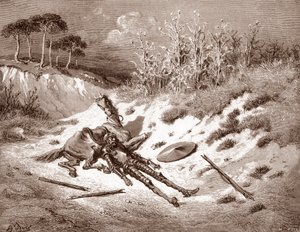 Don Quijote Efter hans tæsk efterlyser Quixote sin ideelle dame Dulcinea del Toboso Gravering af Gustave Dore (1832-1883) til "The Ingenieux Hidalgo Don Quixote de la Mancha (Quixotte - Quijote)" af Miguel af Cervantes (1547-16316) 186316 Privat samling af Gustave Dore