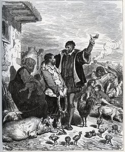 Don Quixote overlader sin nabo Sancho Panza til at være hans ecuyer - fra "Don Quixote de la Mancha"" af Miguel Cervantes af Gustave Dore