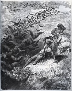 Don Quixote a la cave de Montesinos - Et uendeligt antal krager og råger flyver ud af Montesinos