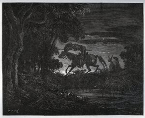 Don Quixote og Sancho Panza i begyndelsen af eventyret i en tyk og ukendt skov - fra "Don Quixote de la Mancha" af Miguel Cervantes (1547-1616) (Don Quixote) - Træsnit efter tegning af Gustave Dore af Gustave Dore