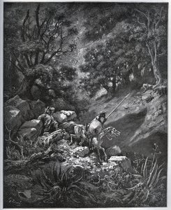 Don Quixote og Sancho Panza fortsætter deres rejse i Sierra Morena på jagt efter Deguenille-de-la-Malaise-minen - fra "Don Quixote de la Mancha" af Miguel Cervantes (1547-1616) (Don Quixote) - Træsnit efter tegning af Gustave Dore af Gustave Dore