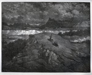 Don Quixote og Sancho Panza fortsætter deres eventyr i en bjergrig region, Sierra Morena - fra "Don Quixote de la Mancha" af Miguel Cervantes (1547-1616) (Don Quixote) - Træsnit efter tegning af Gustave Dore af Gustave Dore