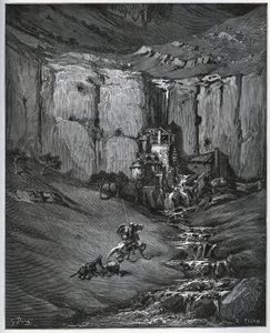 Don Quixote og Sancho Panza opdager, hvad der forårsagede deres bekymring, et vandfald og en mølle en foulon - fra "Don Quixote de la Mancha" af Miguel Cervantes (1547-1616) (Don Quixote) - Træsnit efter tegning af Gustave Dore af Gustave Dore