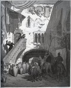 Don Quixote og Sancho Panza, inviteret af Don Diego de Miranda derhjemme, bliver budt velkommen af herrens kone og søn - fra "Don Quixote de la Mancha" af Miguel Cervantes (1547-1616) (Don Quixote) - Træsnit efter tegning af Gustave Dore af Gustave Dore