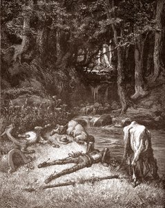 Don Quixote og Sancho Panza genopfrisker dem ved en bæk Gravering af Gustave Dore (1832-1883) til "L