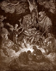 Don Quixote og Sancho Panza med gedehyrderne Indgravering af Gustave Dore (1832-1883) til "L