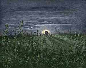 Don Quixote og Sancho, på vej til Toboso - fra "" Don Quixote de la Mancha"" af Miguel Cervantes (1547-1616) (Don Quixote) - Træsnit efter tegning af Gustave Dore (1832-1883) af Gustave Dore